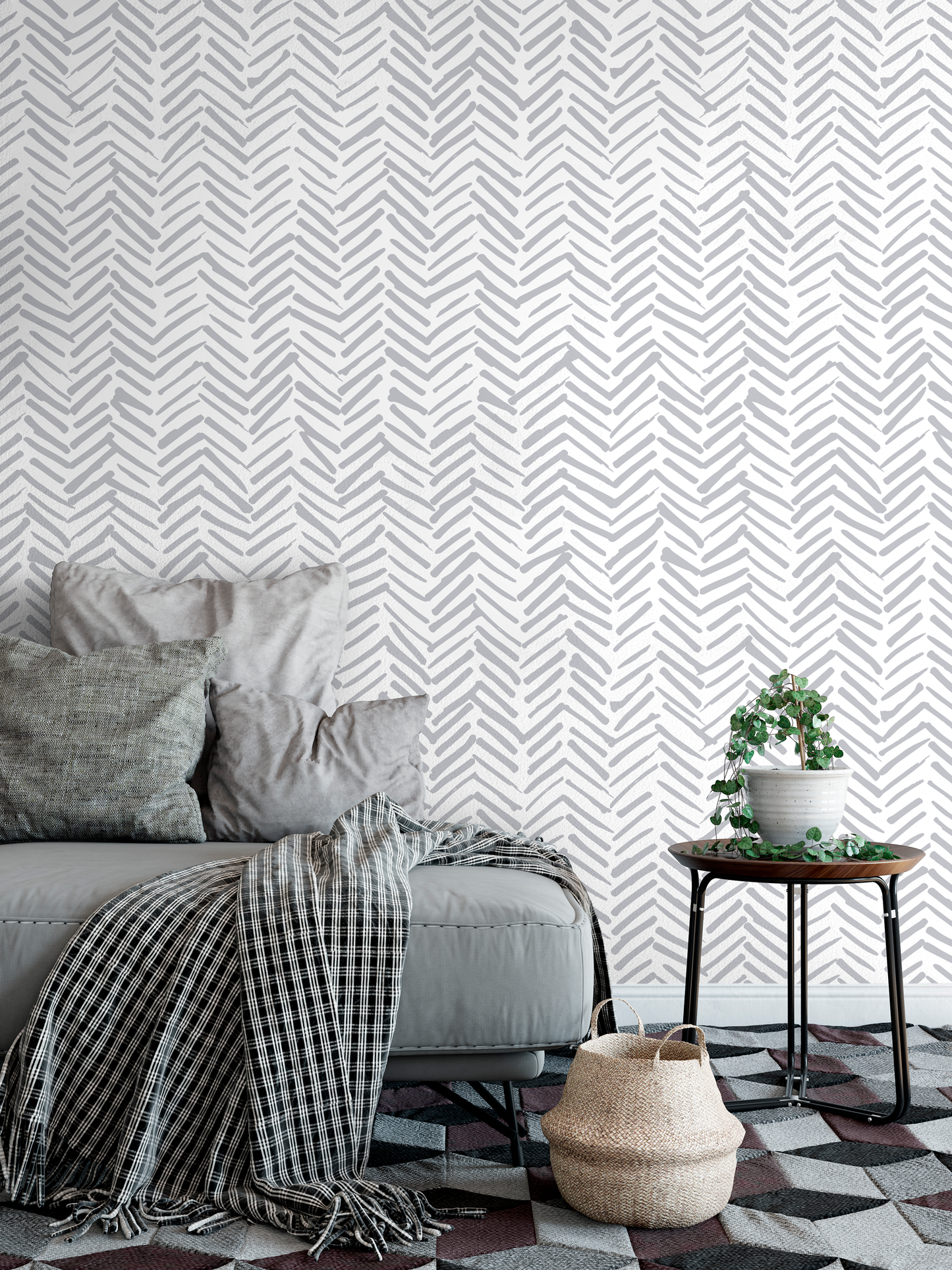 Grey Herringbone Wallpaper Boho Wallpaper Peel and Stick and Traditional Wallpaper - A408