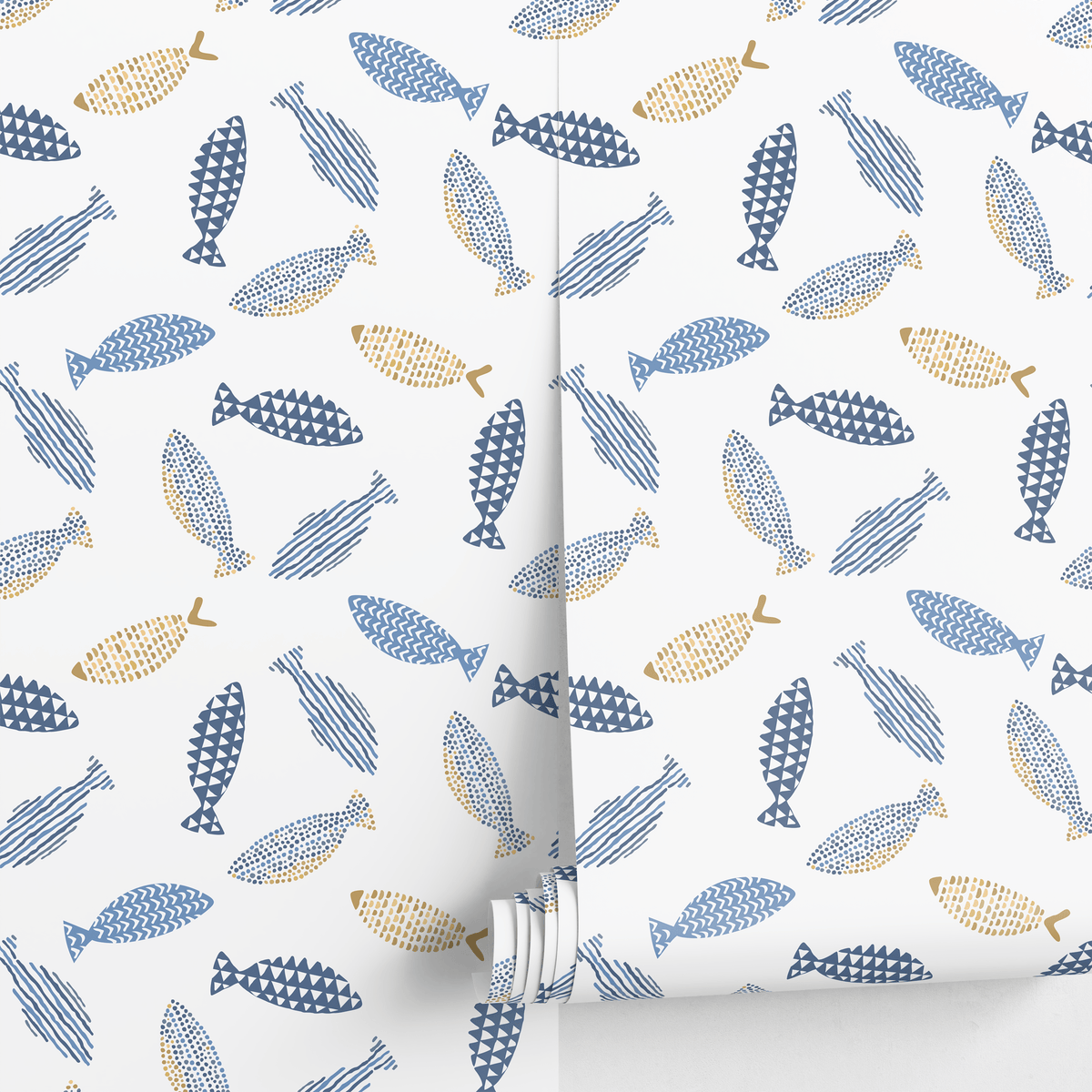 Scandinavian Wallpaper with a Minimalist Fish Motif in Blue and Gold - detail view