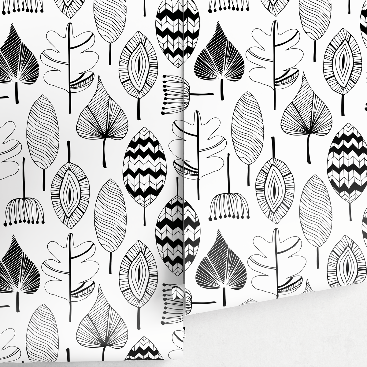 Scandinavian Wallpaper Featuring Abstract Foliage in Black and White - detail view