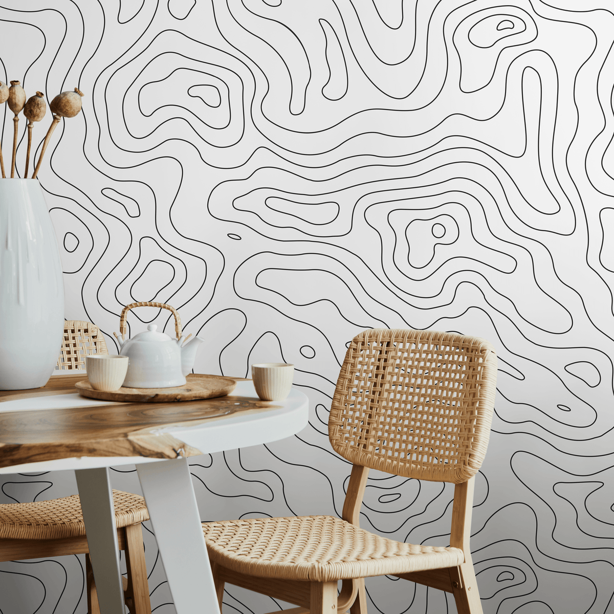 Minimalist Topographic Contour Line Abstract Wallpaper in Black and White - detail view