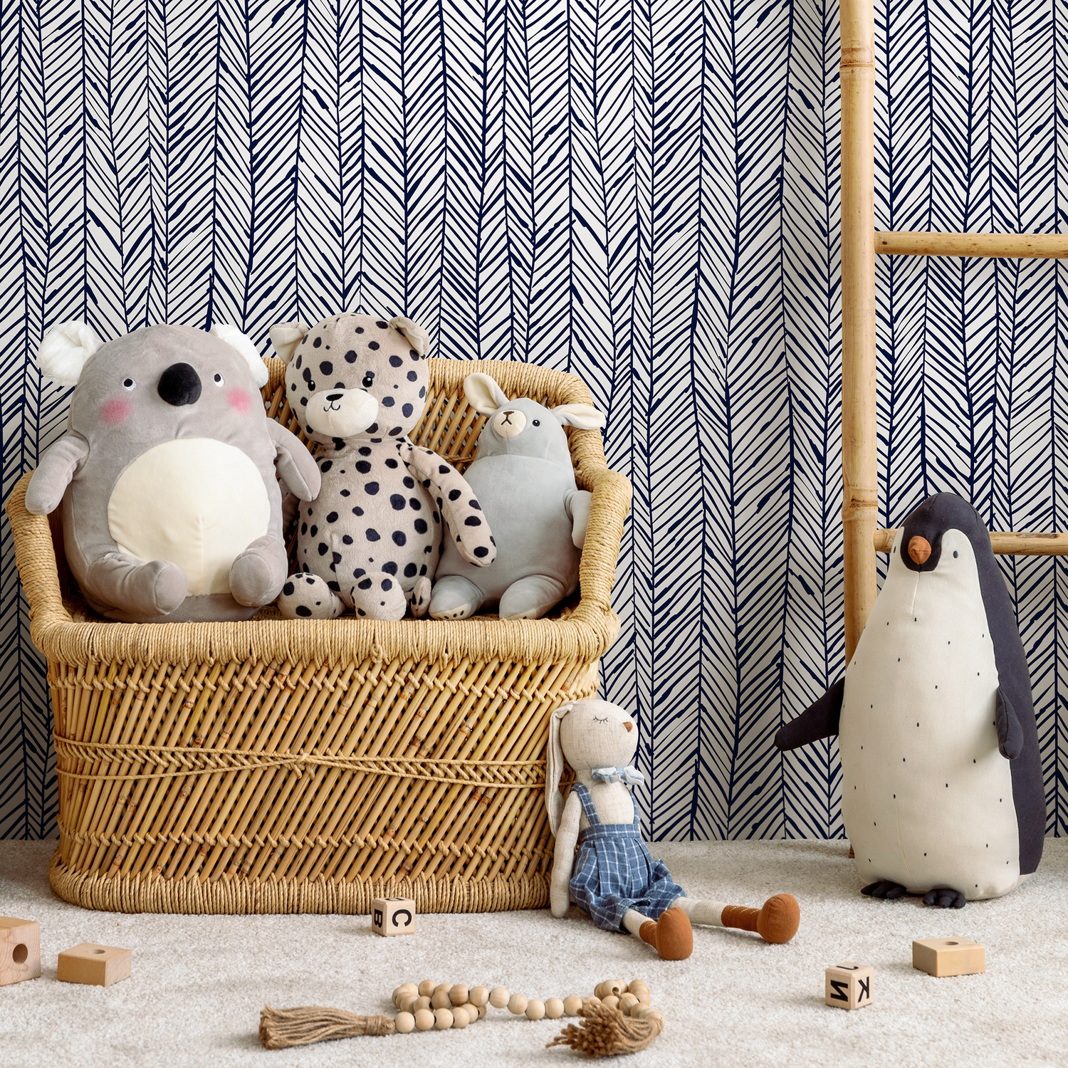 Herringbone Wallpaper with a Hand-Drawn Sketch Motif in Navy Blue - A427