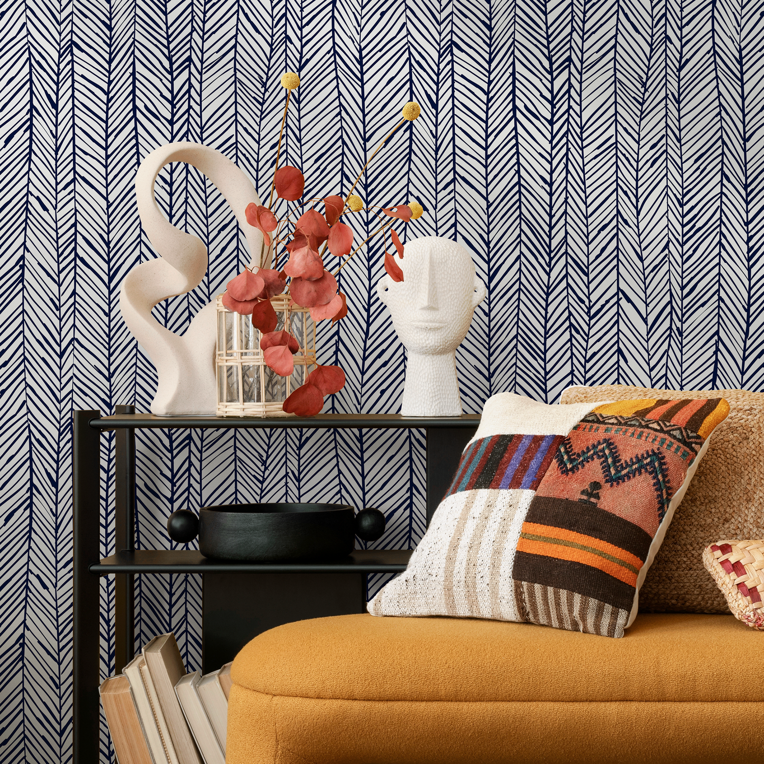 Herringbone Wallpaper with a Hand-Drawn Sketch Motif in Navy Blue - A427