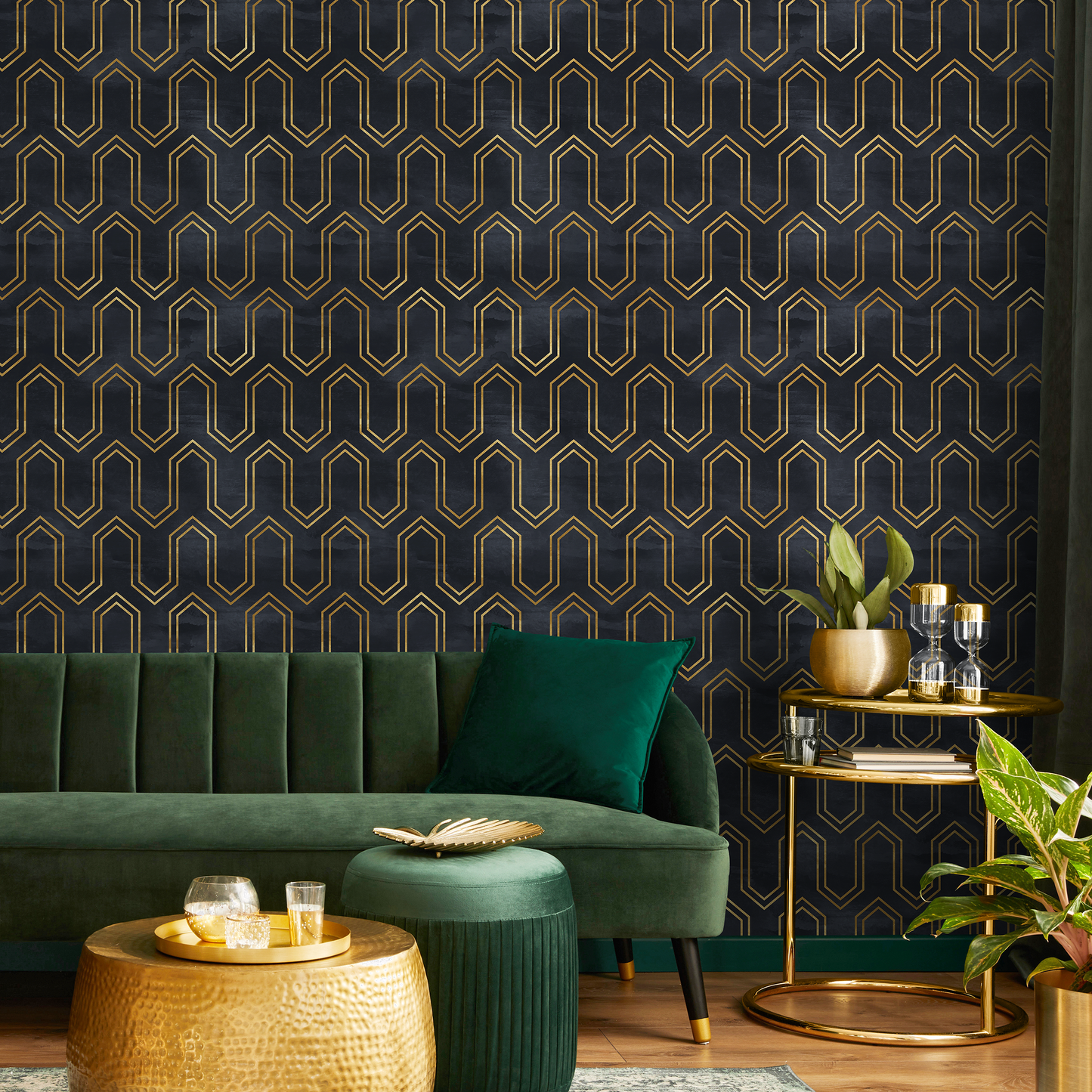 Removable Wallpaper Peel and Stick Wallpaper Wall Paper Wall Mural - Art Deco Black and Non-Metalic Yellow Gold Color - A436