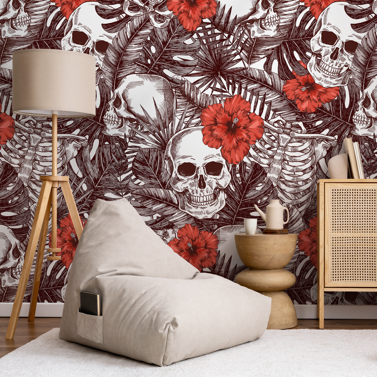 Gothic Wallpaper with Skulls and Hibiscus Flowers in Brown and Red - detail view