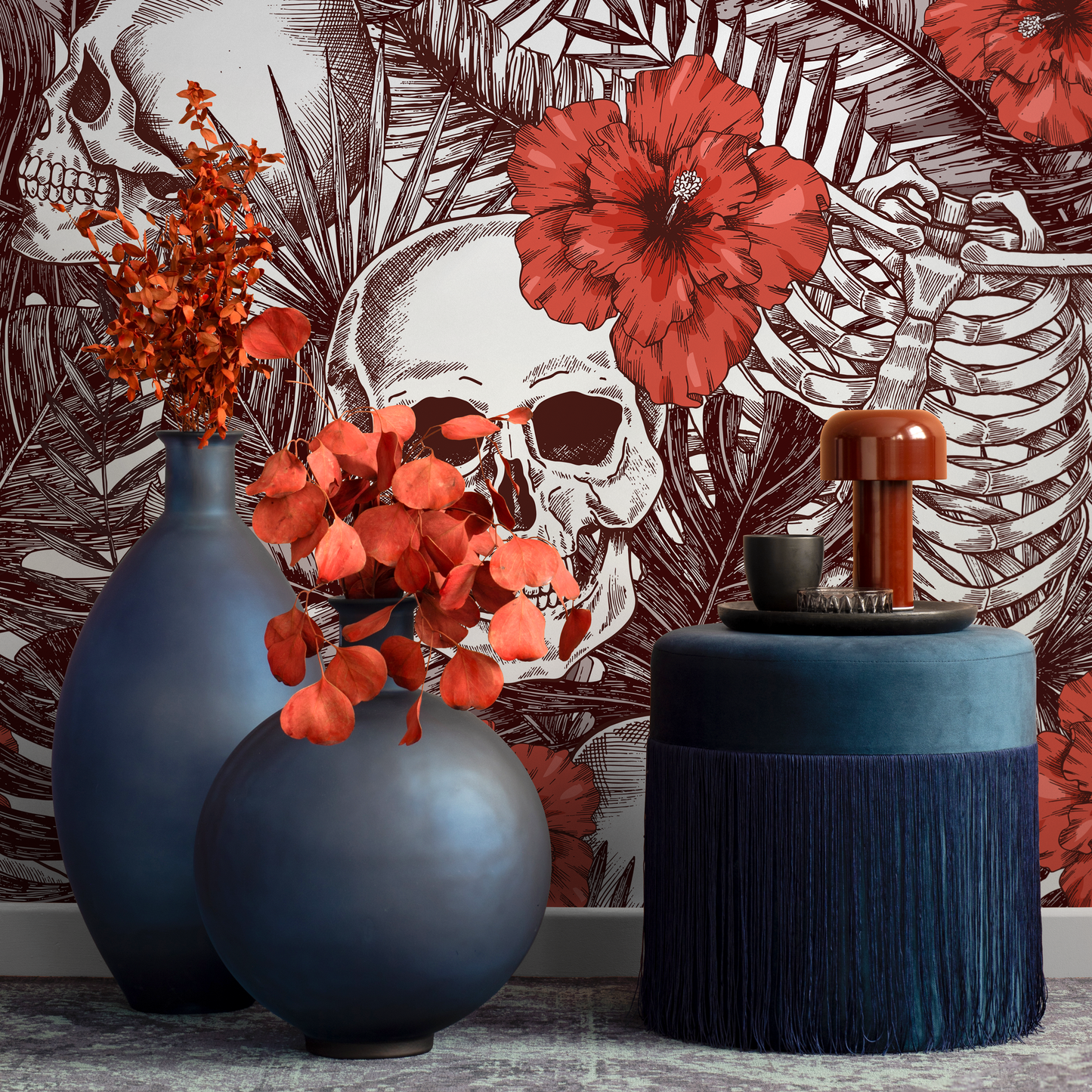 Tropical Floral Skull Wallpaper Peel and Stick and Traditional Wallpaper - A445