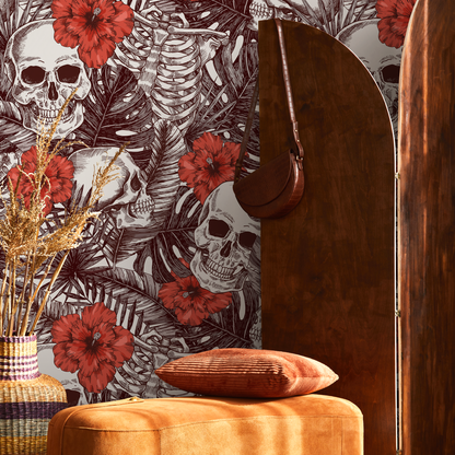 Tropical Floral Skull Wallpaper Peel and Stick and Traditional Wallpaper - A445