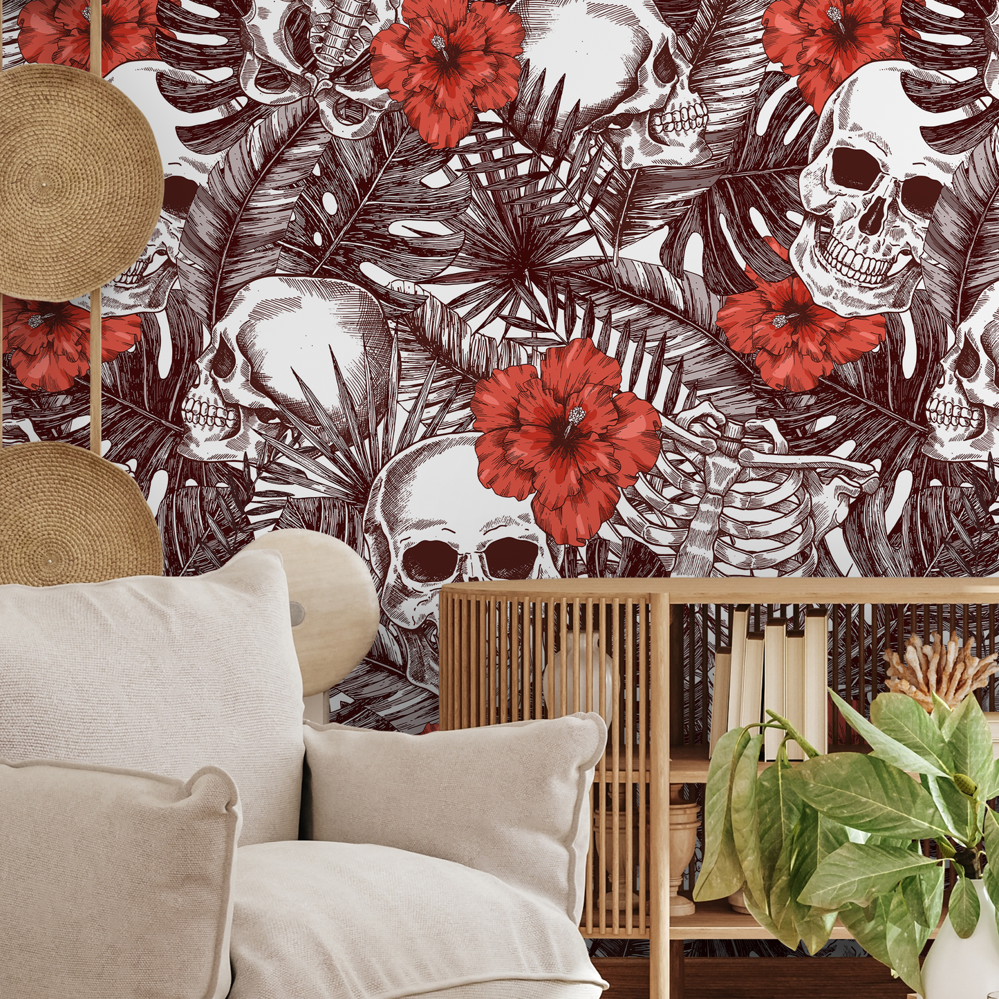 Tropical Floral Skull Wallpaper Peel and Stick and Traditional Wallpaper - A445