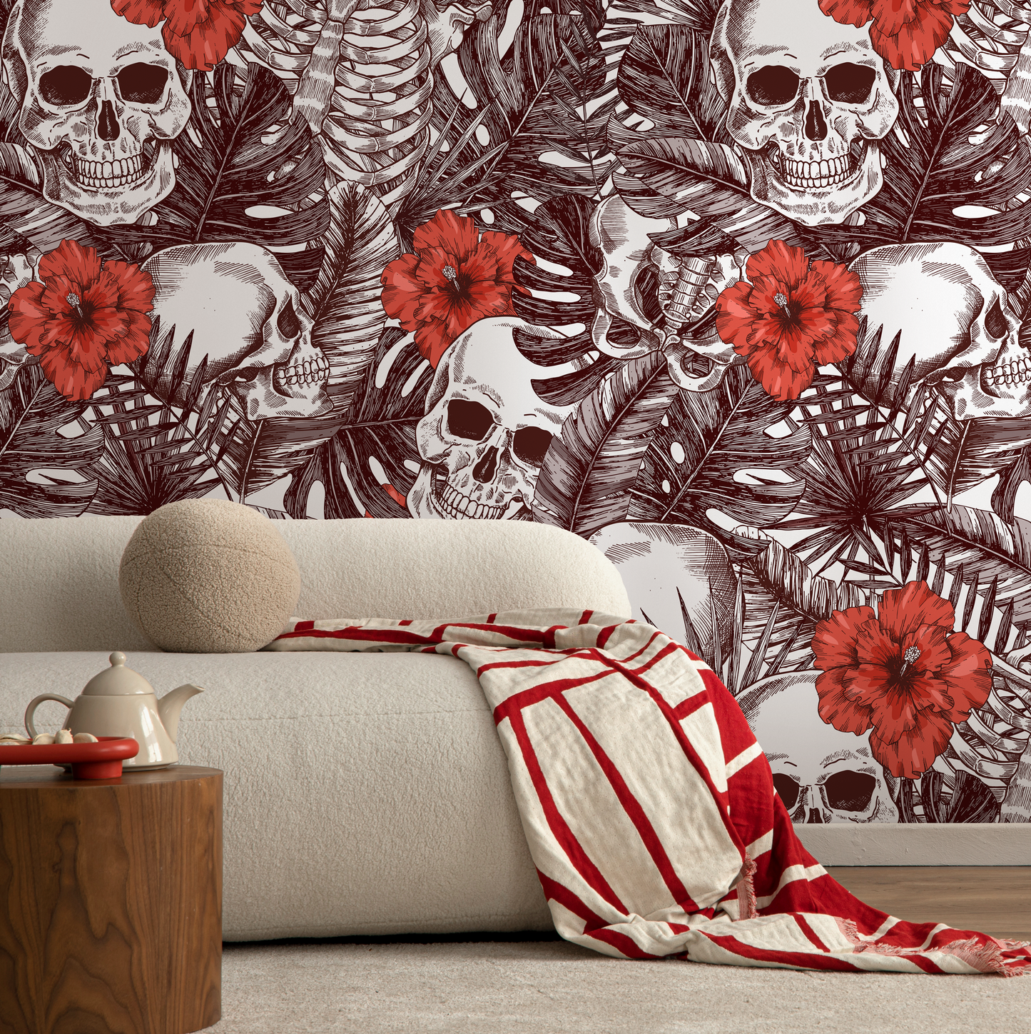 Tropical Floral Skull Wallpaper Peel and Stick and Traditional Wallpaper - A445