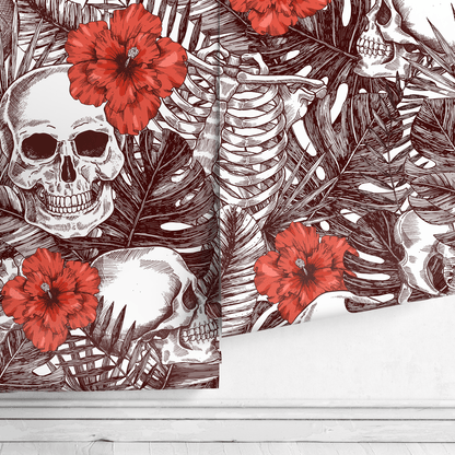 Tropical Floral Skull Wallpaper Peel and Stick and Traditional Wallpaper - A445