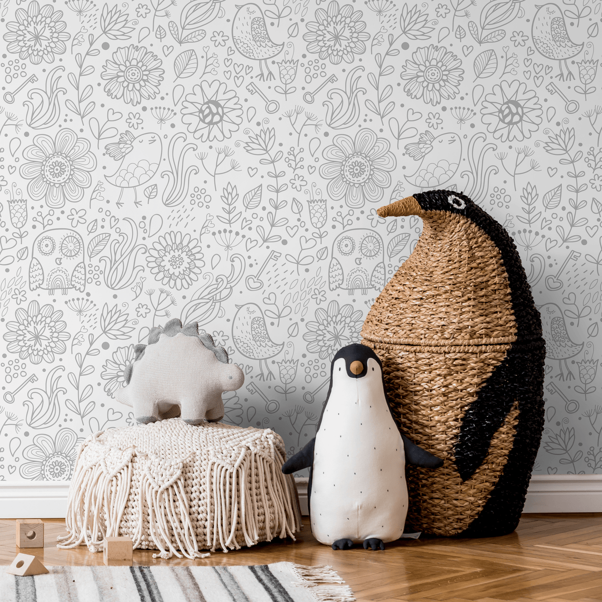 Scandinavian Wallpaper with Hand-Drawn Florals and Animals in Gray - detail view
