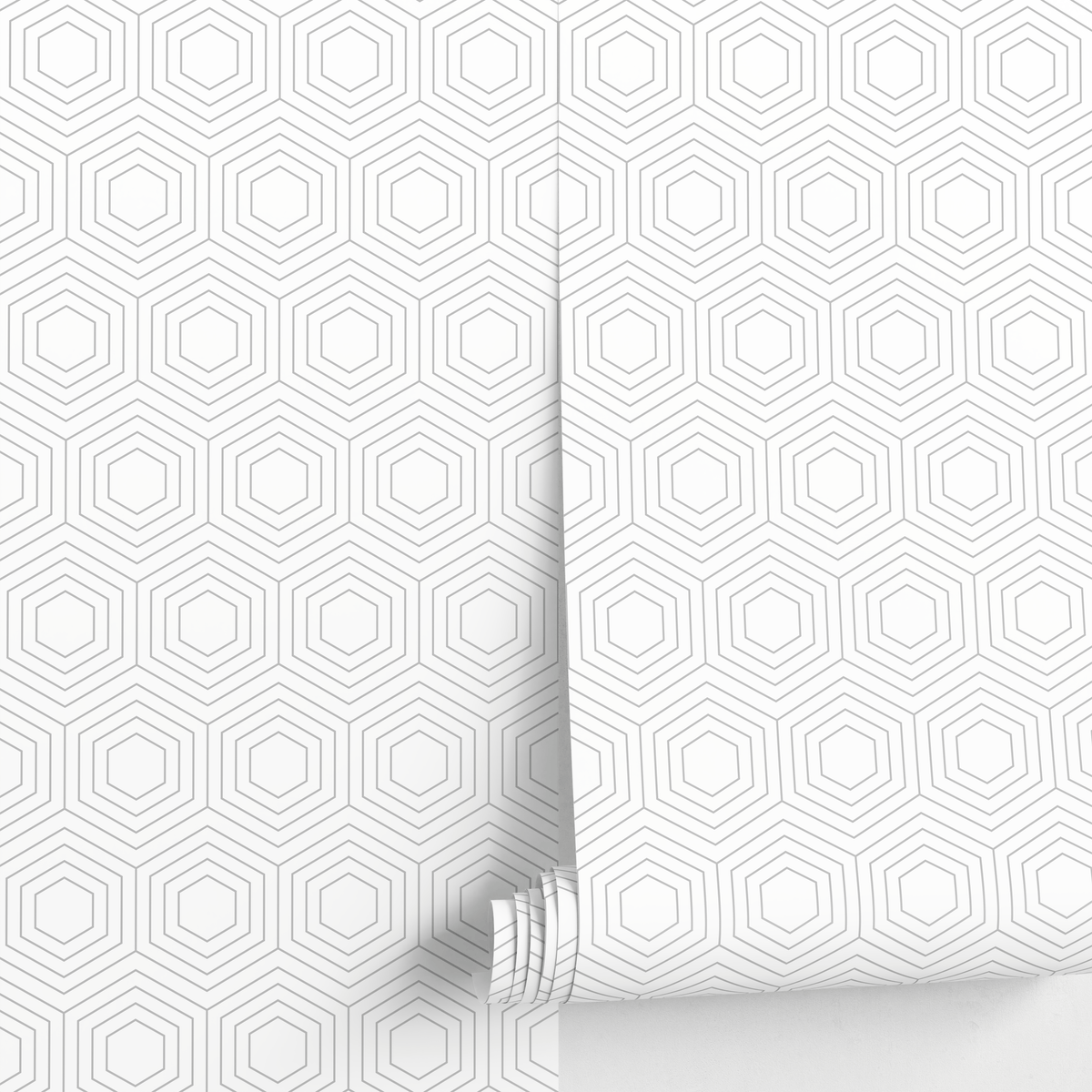 Geometric Wallpaper with a Hexagon Line Pattern in Gray - detail view
