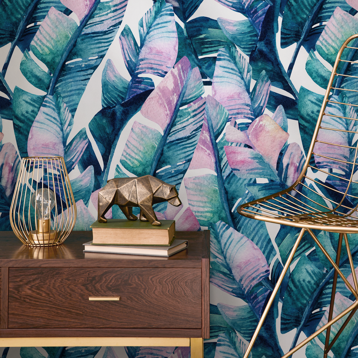 Botanical Wallpaper Featuring Painted Banana Leaves in Teal, Blue, and Pink - detail view