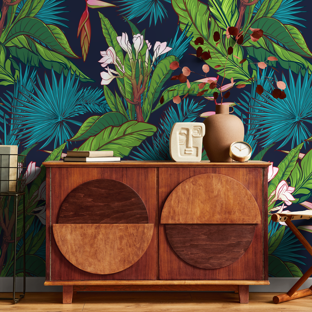 Tropical Wallpaper with Lush Jungle Leaves in Navy Blue, Green, and Teal - detail view