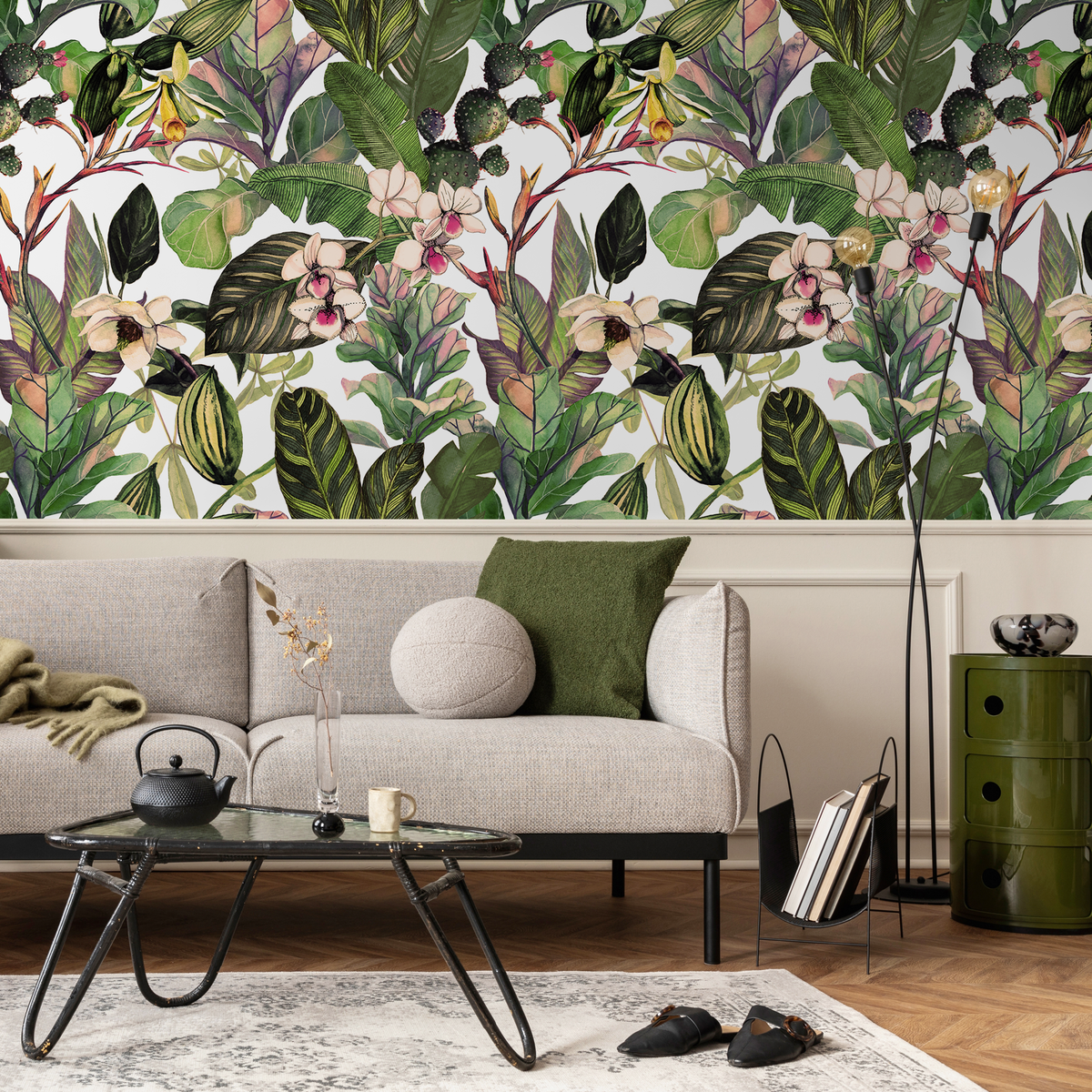 Botanical Wallpaper with Tropical Leaves and Orchids in Green and Pink - detail view