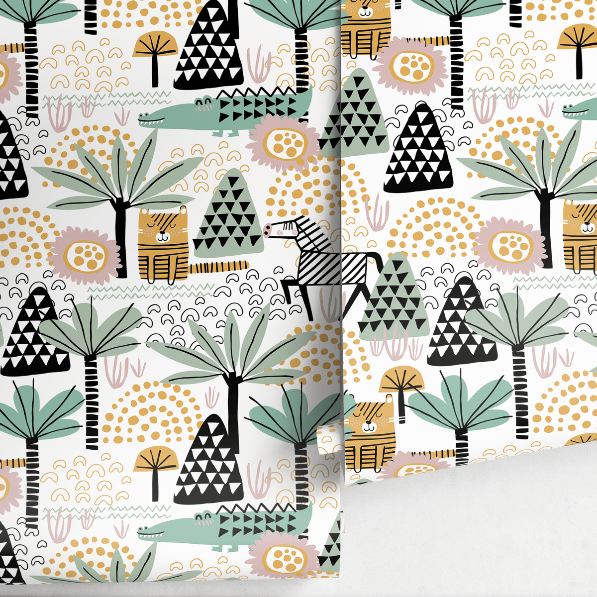 Jungle Wallpaper with Stylized Tigers and Palms in Green and Ochre - detail view