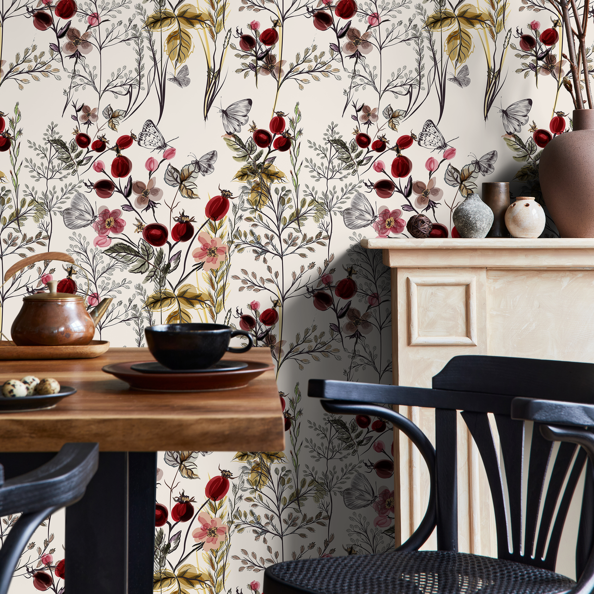 Botanical Wallpaper Featuring Wildflowers and Berries in Red and Pink - detail view