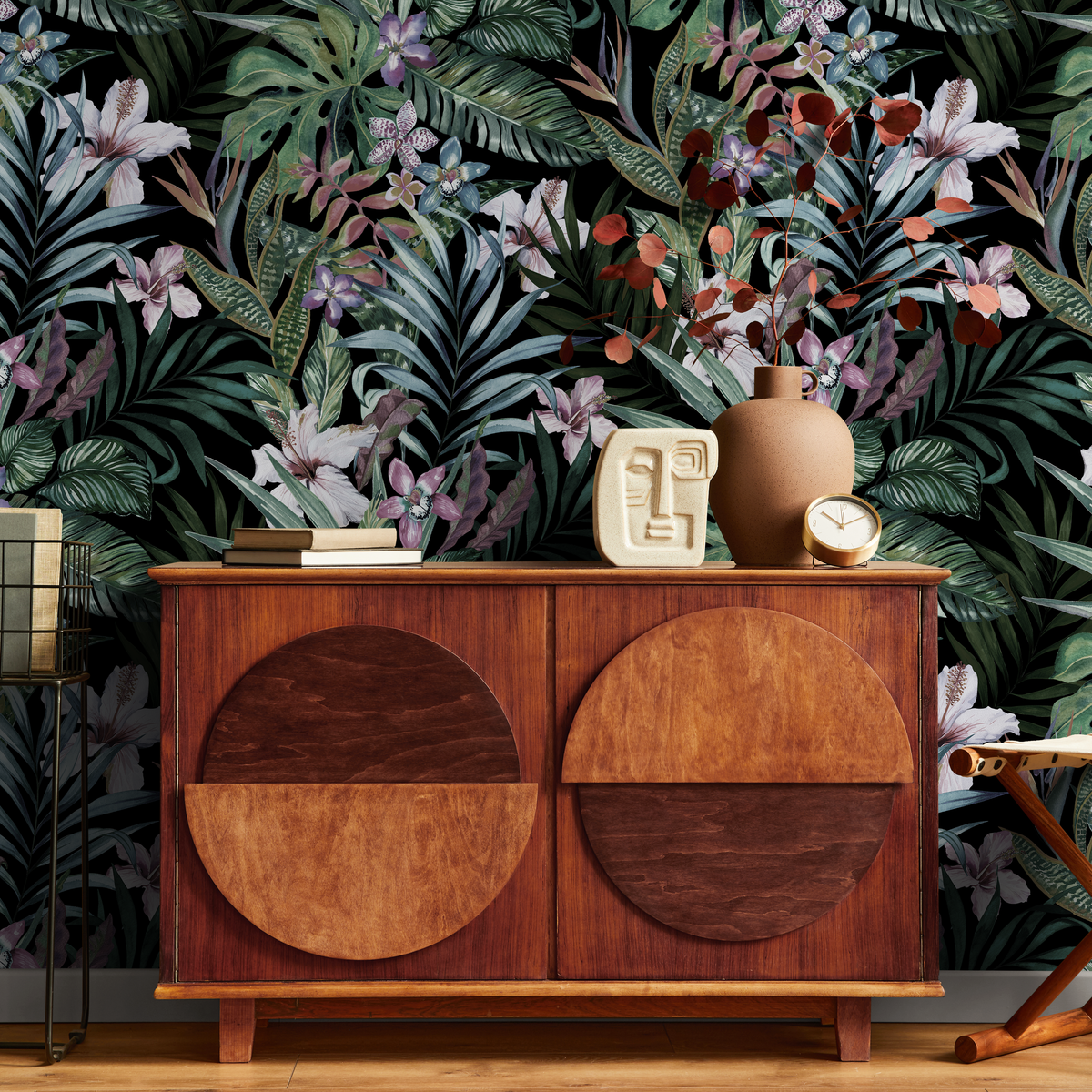 Botanical Wallpaper Featuring Jungle Flowers and Leaves in Green and Purple - detail view