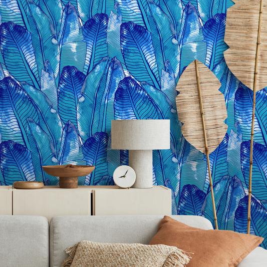 Tropical Wallpaper Blue Banana Leaf Wallpaper Peel and Stick and Traditional Wallpaper - A513