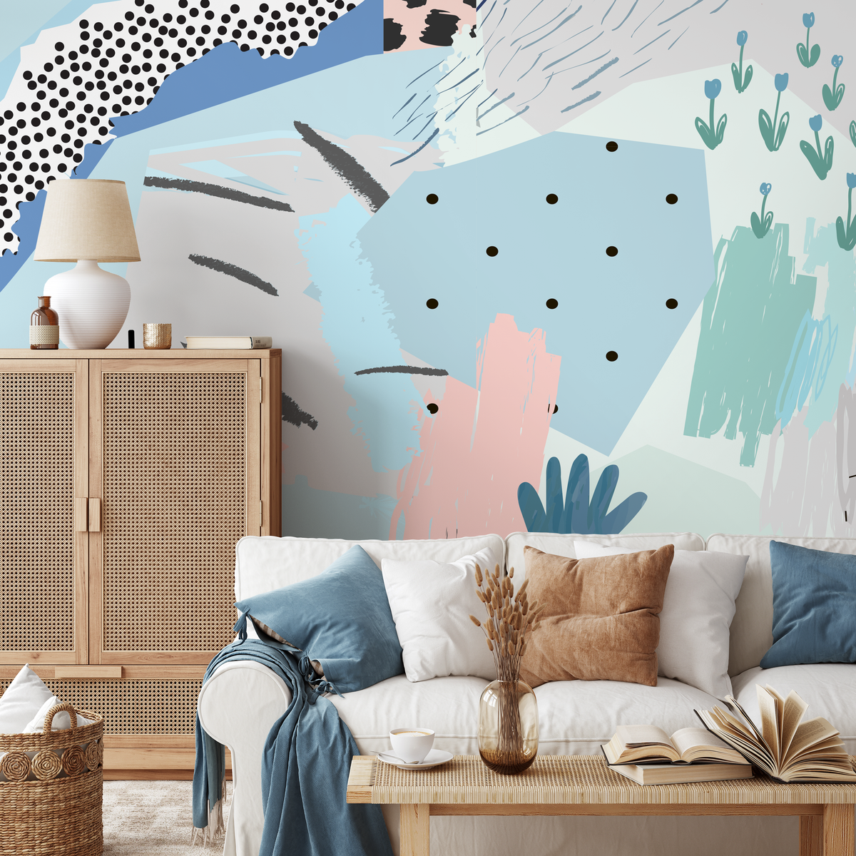 Modern Abstract Wallpaper with a Pop Art Collage in Pink, Blue, and Yellow - detail view