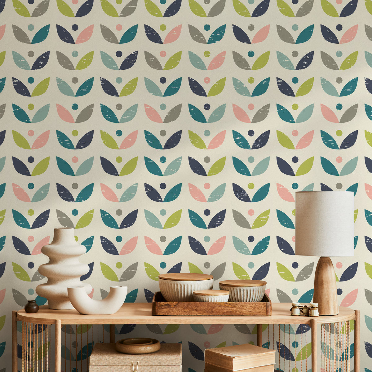 Scandinavian Wallpaper with a Geometric Petal Motif in Teal, Pink, and Green - detail view