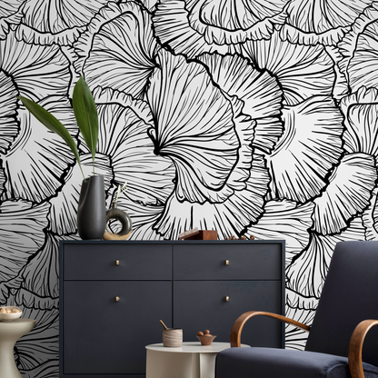 Black and White Wallpaper Abstract Leaves Wallpaper Peel and Stick and Traditional Wallpaper - A524