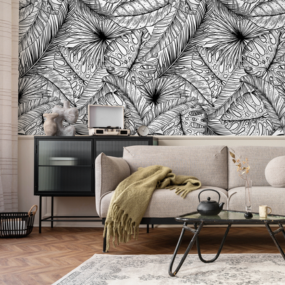 Black and White Wallpaper Tropical Leaves Wallpaper Peel and Stick and Traditional Wallpaper - A535