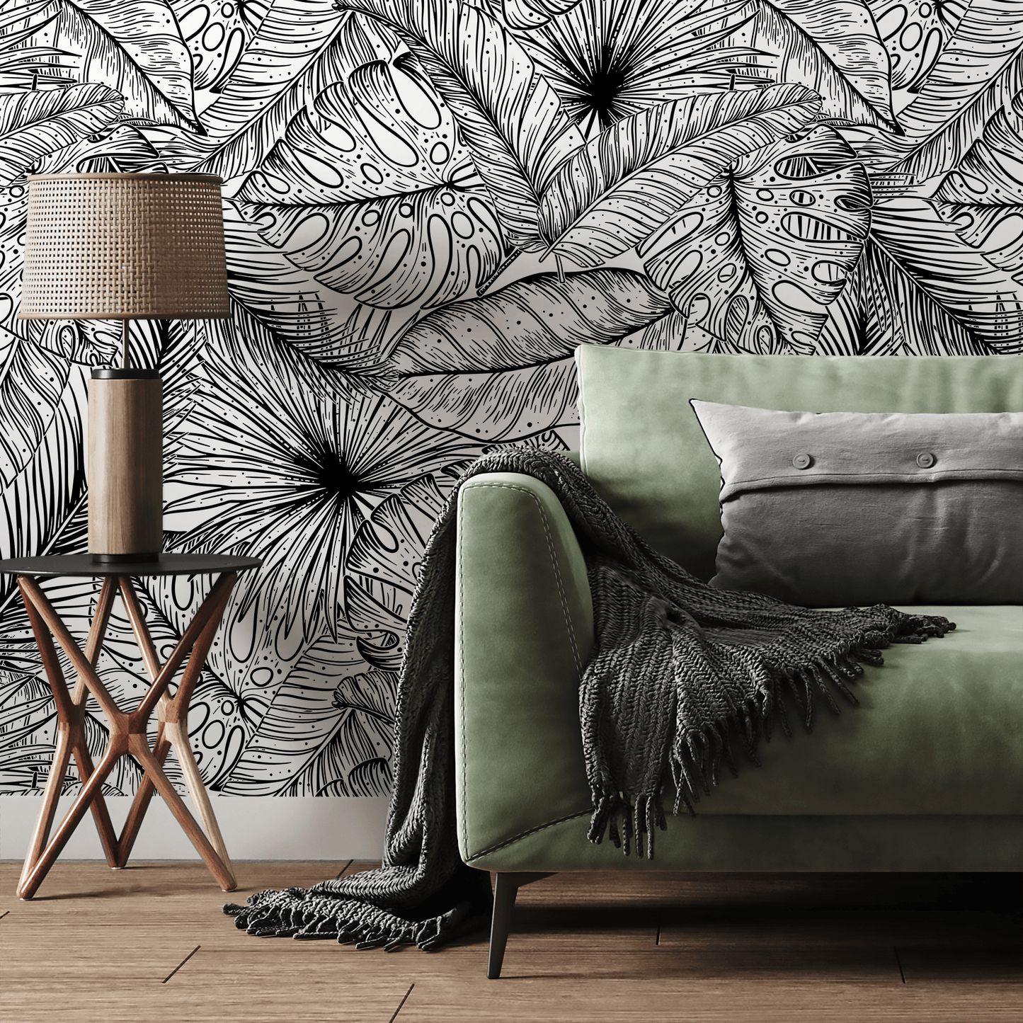 Black and White Wallpaper Tropical Leaves Wallpaper Peel and Stick and Traditional Wallpaper - A535