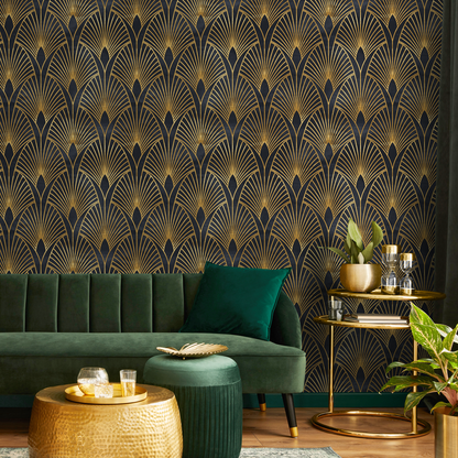 Removable Wallpaper Peel and Stick Wallpaper Wall Paper Wall Mural - Art Deco Black and Non-Metalic Yellow Gold Color - A537
