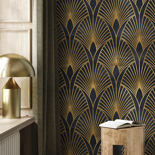 Removable Wallpaper Peel and Stick Wallpaper Wall Paper Wall Mural - Art Deco Black and Non-Metalic Yellow Gold Color - A537