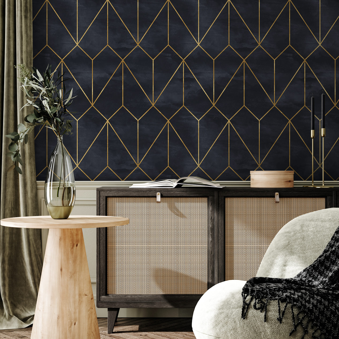 Removable Wallpaper Peel and Stick Wallpaper Wall Paper Wall Mural - Dark Blue and Non-Metalic Yellow Gold Color - A540