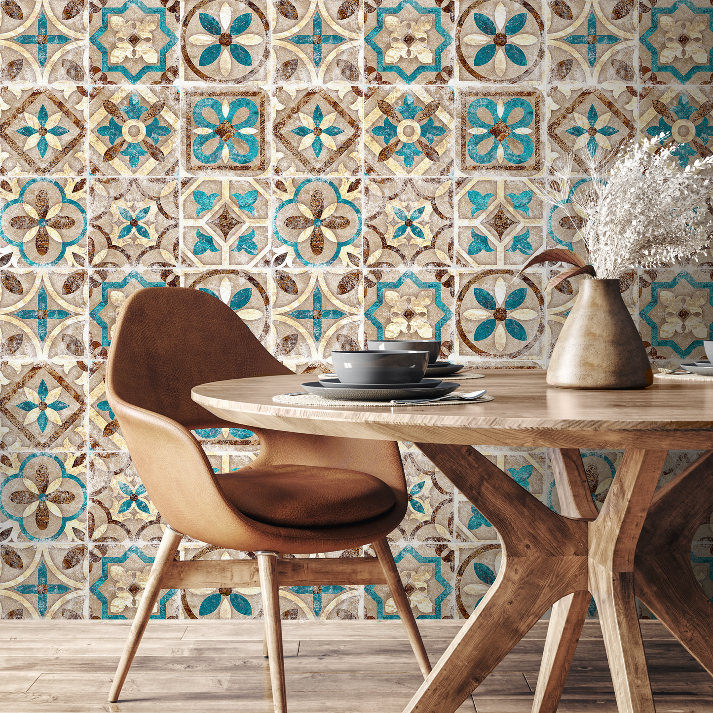 Portuguese Tile Wallpaper Geometric Wallpaper Moroccan Wallpaper Spanish Peel and Stick and Traditional Wallpaper Teal Brown - A552