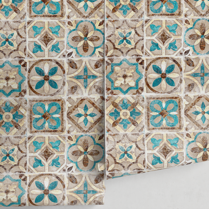 Portuguese Tile Wallpaper Geometric Wallpaper Moroccan Wallpaper Spanish Peel and Stick and Traditional Wallpaper Teal Brown - A552