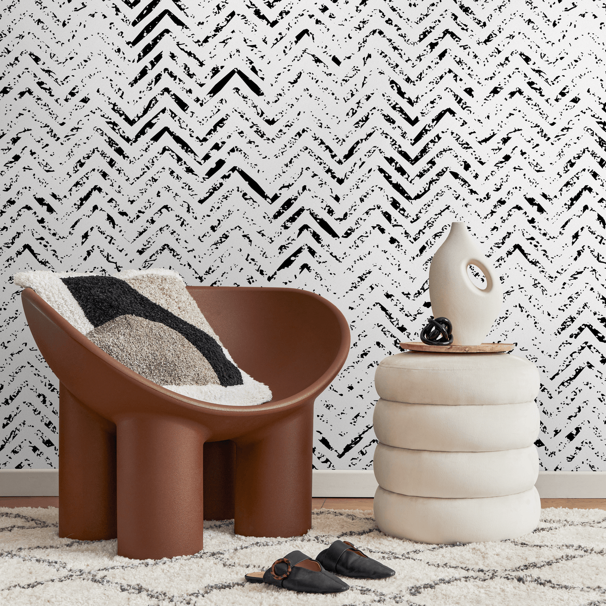 Abstract Wallpaper with a Distressed Herringbone Motif in Black and White - detail view