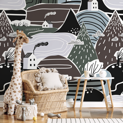 Mountain Farmhouse Wallpaper Landscape Mural Peel and Stick and Traditional Wallpaper - A567