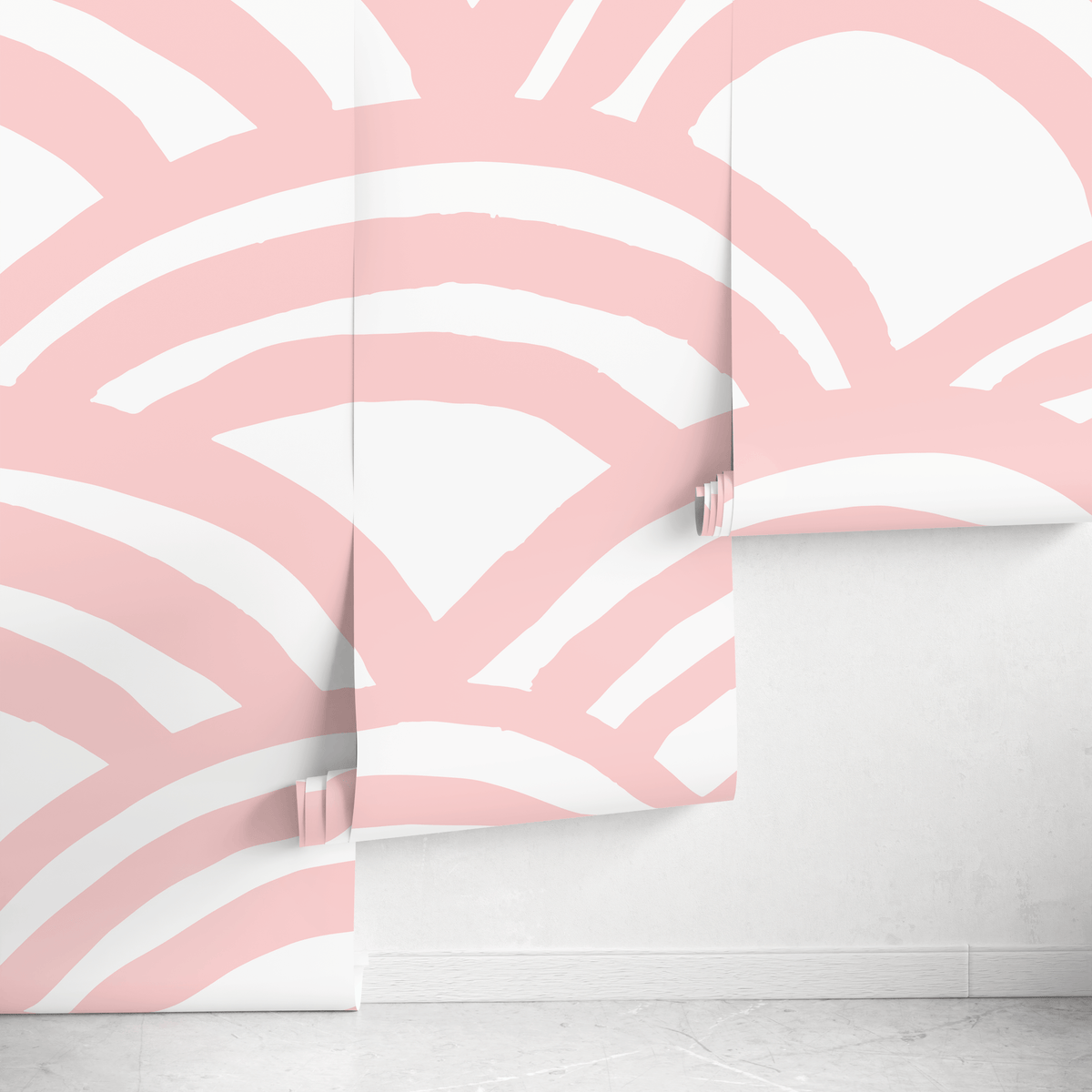 Abstract Wallpaper Featuring Bold Painted Arcs in Pink and White - detail view