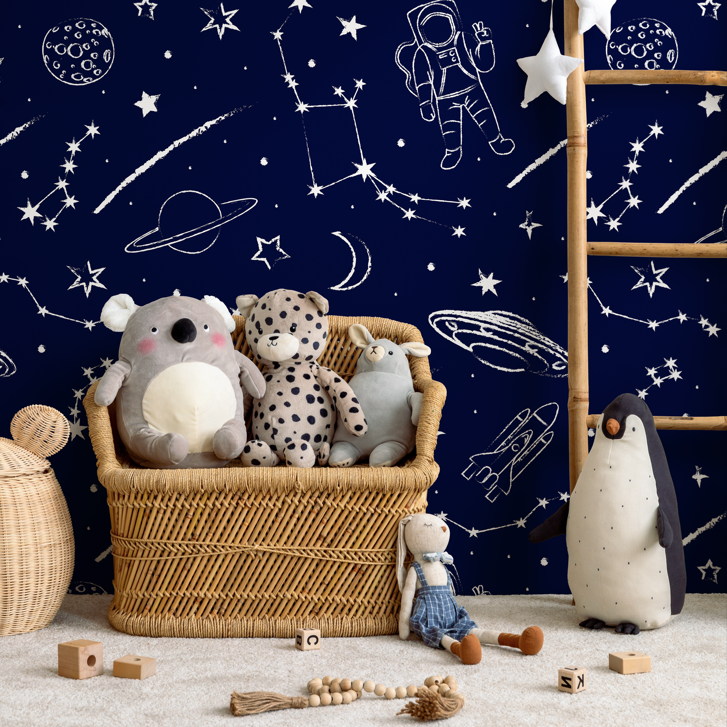 Space Wallpaper with Hand-Drawn Astronauts in Navy Blue and White - A582