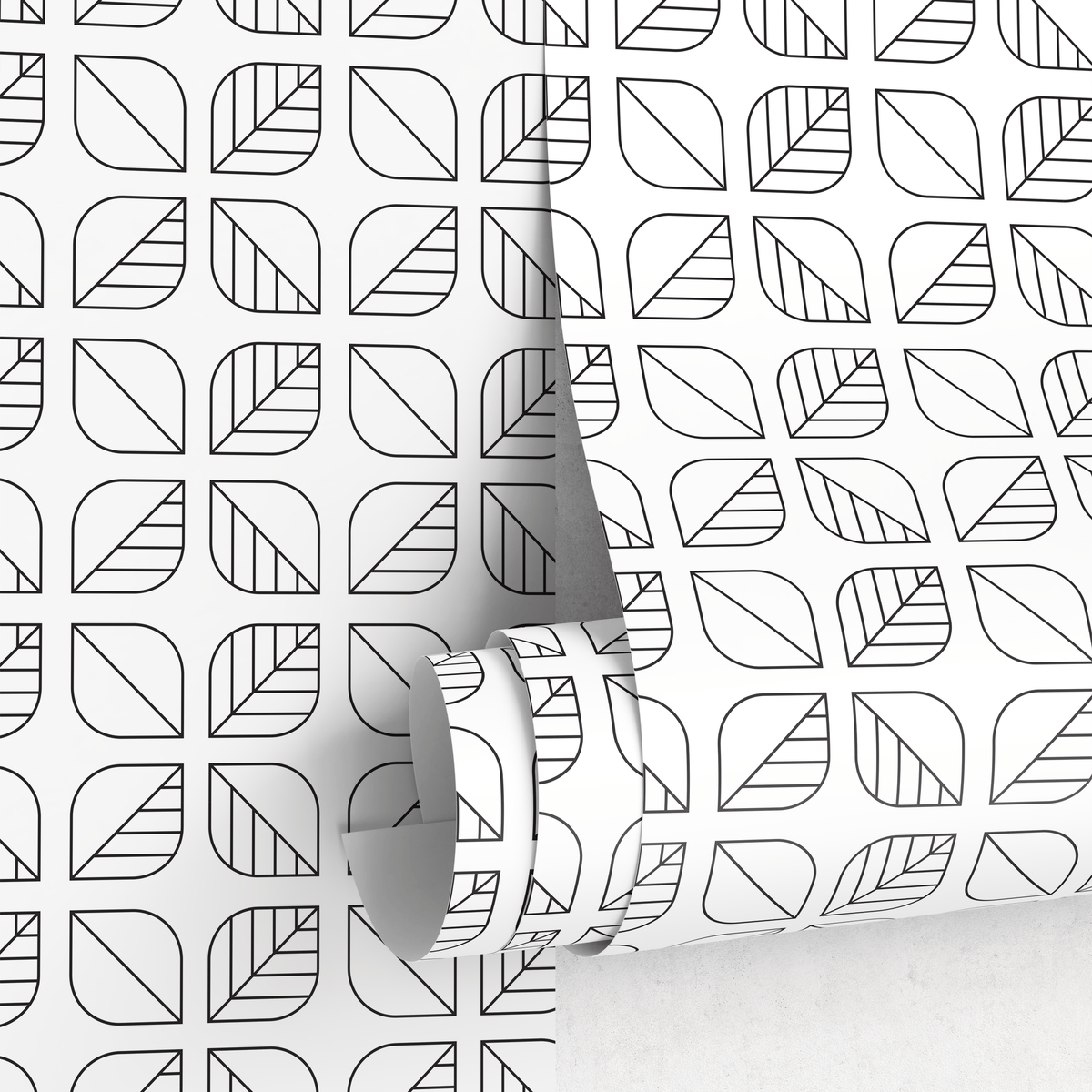 Geometric Wallpaper with a Scandinavian Leaf Motif in Black and White - detail view