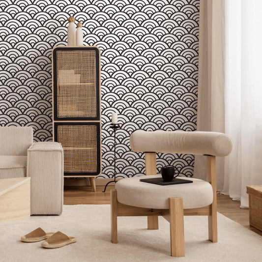 Black and White Wallpaper Boho Scollops Wallpaper Peel and Stick and Traditional Wallpaper - A590