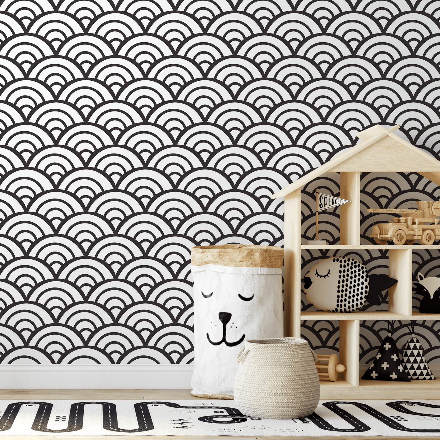 Black and White Wallpaper Boho Scollops Wallpaper Peel and Stick and Traditional Wallpaper - A590