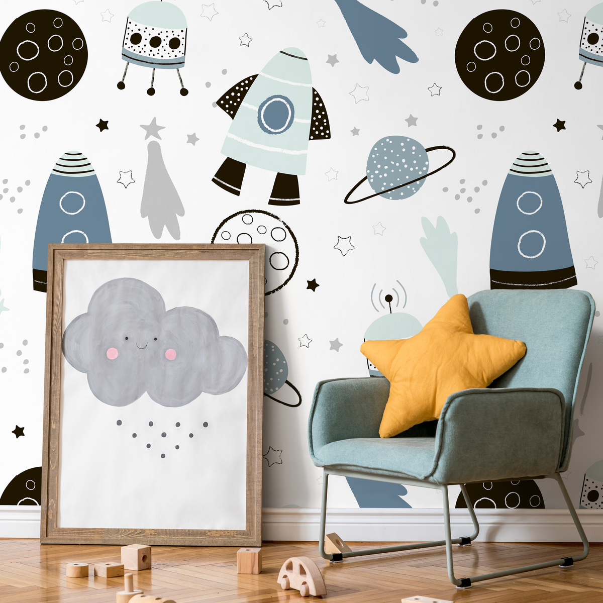 Space Wallpaper with Rockets, Planets, and Stars in Blue, Black, and Pale Mint - detail view