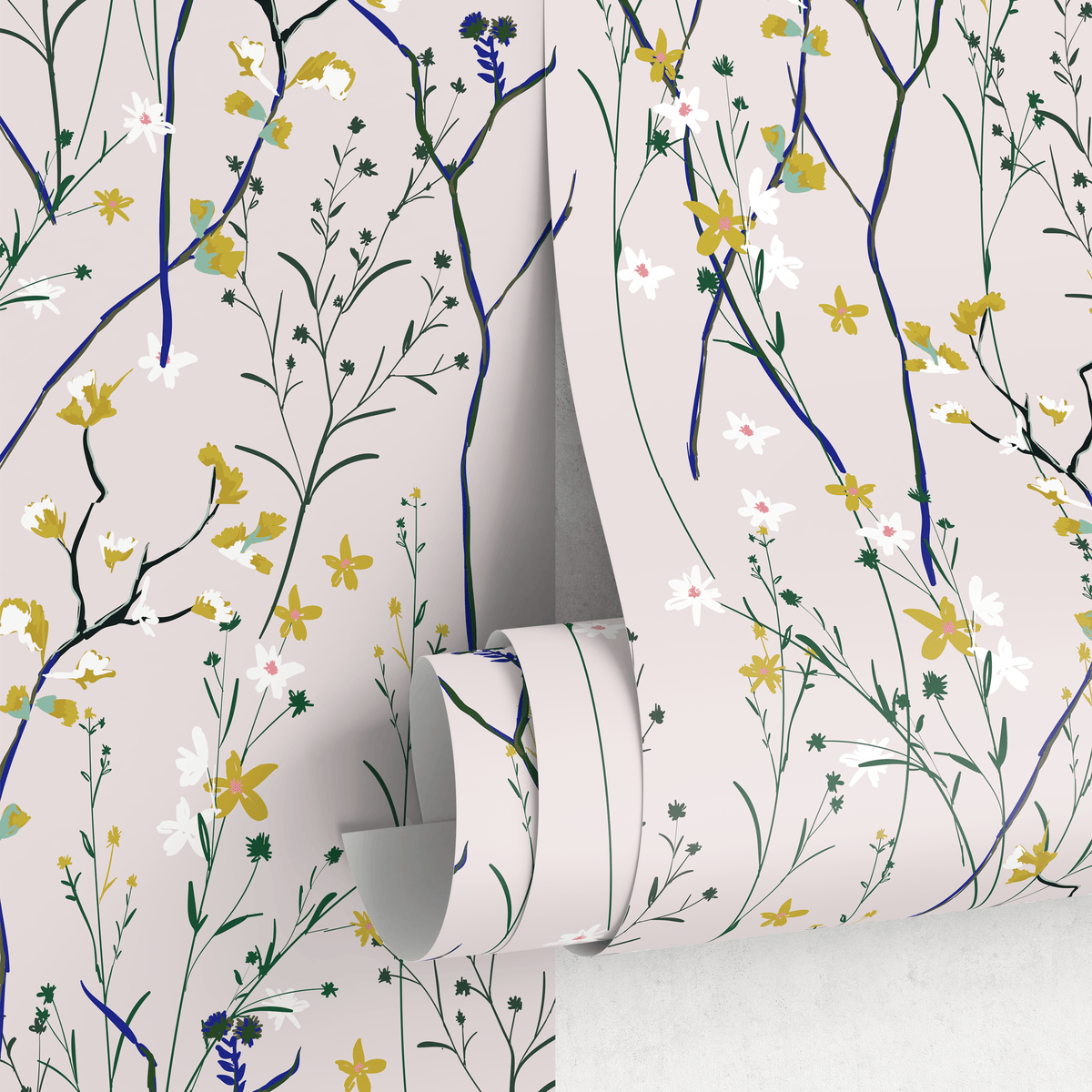 Botanical Wallpaper Featuring Dainty Wildflowers in Pink, Blue, and Yellow - detail view