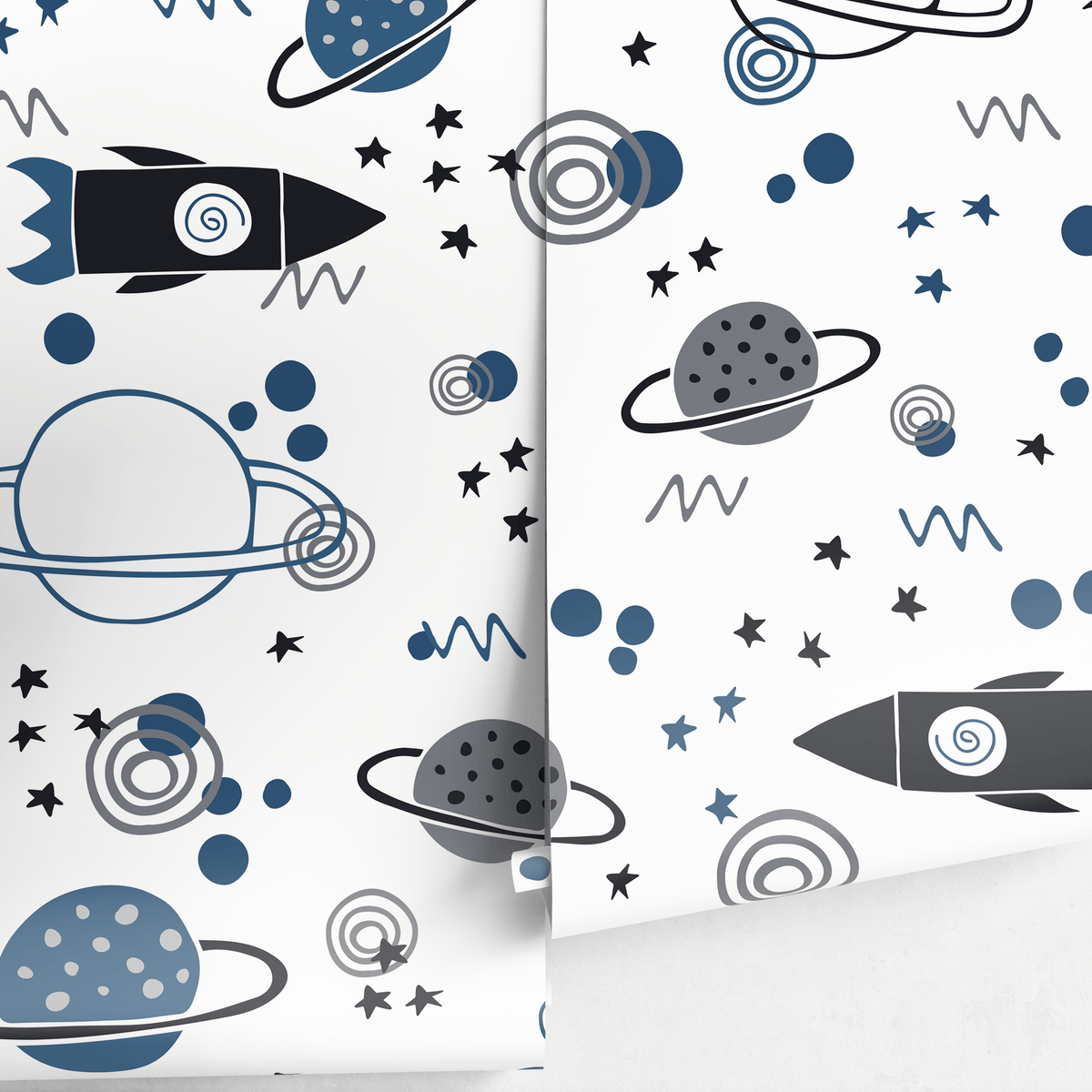 Kids Wallpaper with Rockets and Planets in Blue, Grey, and Black - detail view