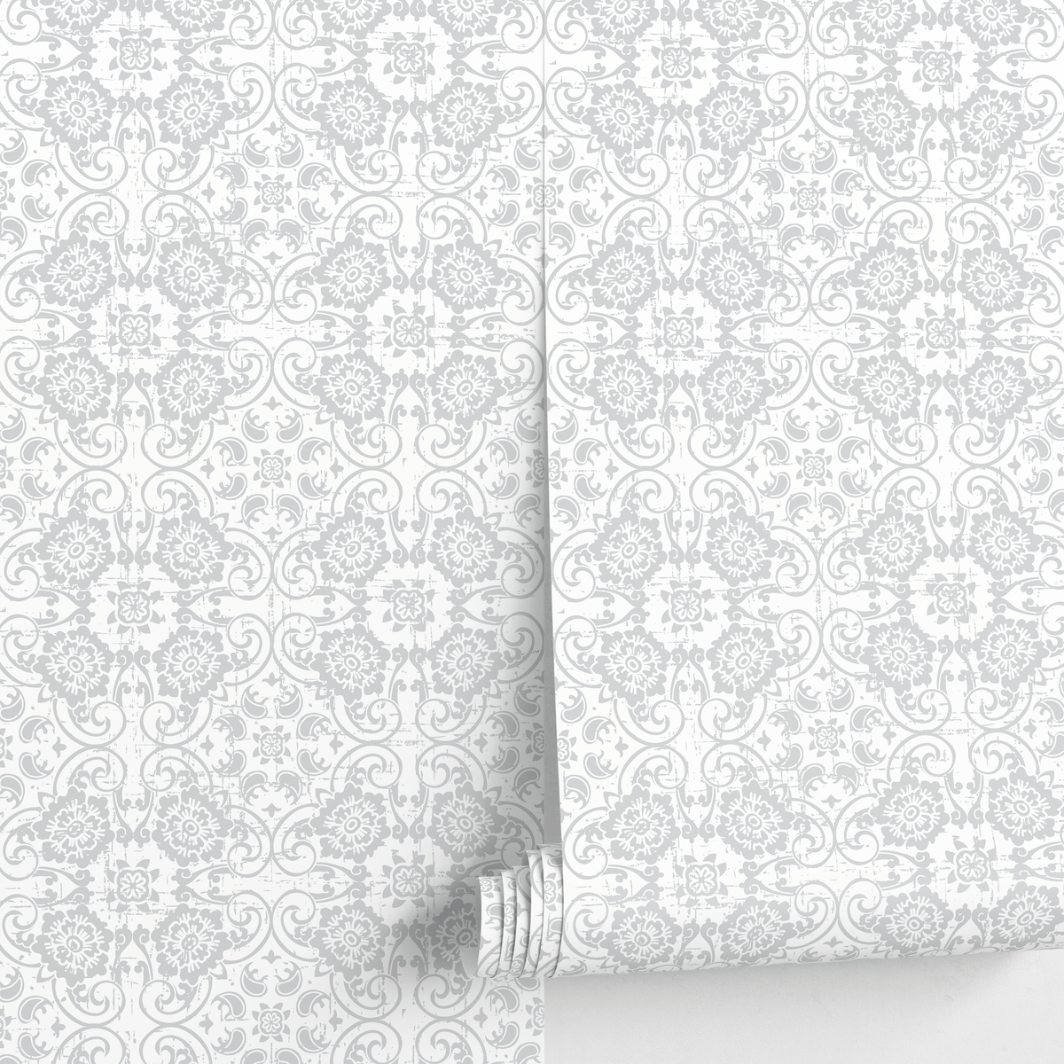 Damask Wallpaper with a Distressed Floral Motif in Gray - detail view