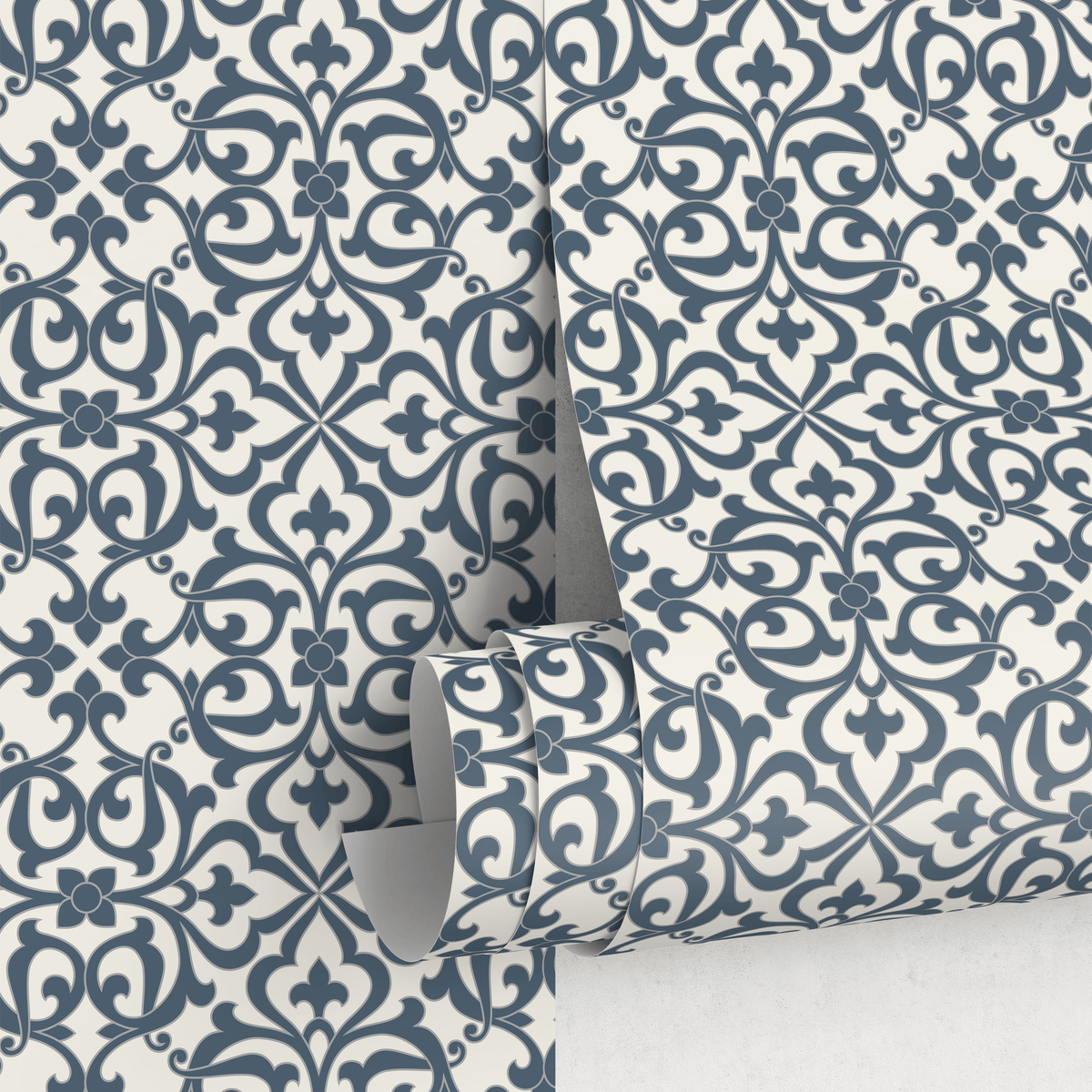 Vintage Wallpaper with an Intricate Damask Motif in Blue and Light Beige - detail view