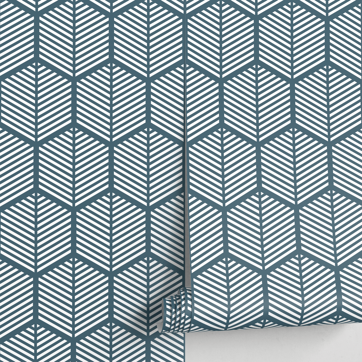 Geometric Wallpaper with a Hexagonal Motif in Blue and White - detail view