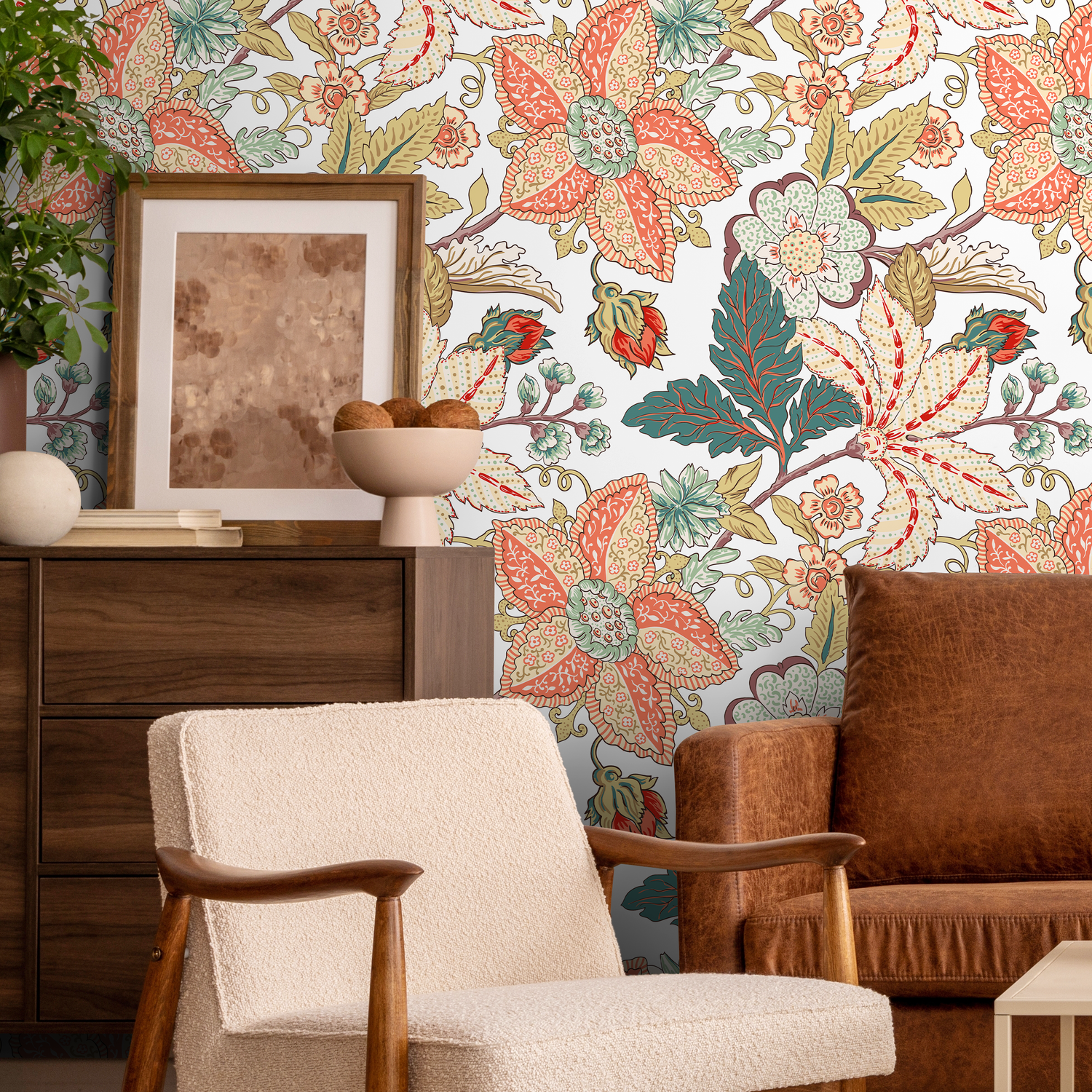 Vintage Botanical Wallpaper with Intricate Florals in Red, Teal, and Green - A621