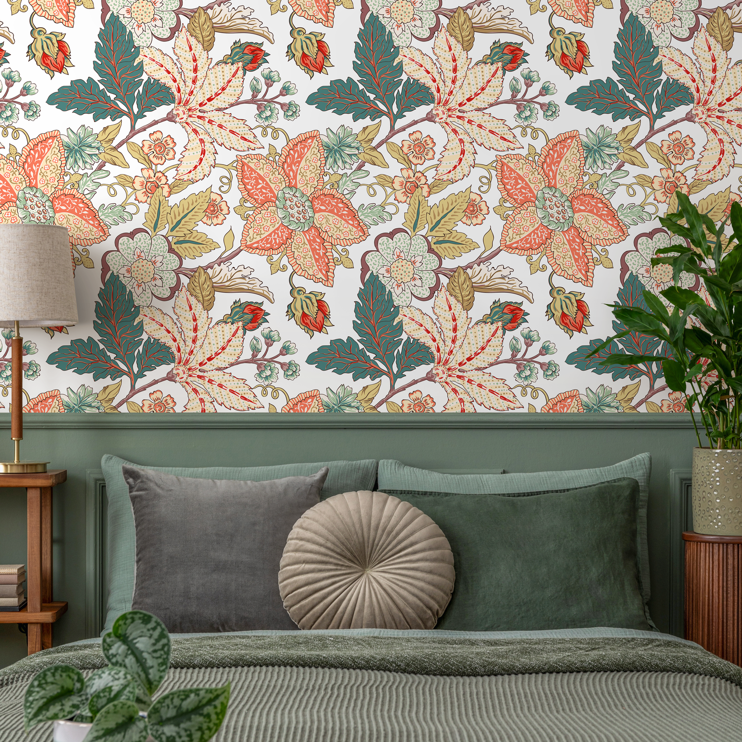 Vintage Botanical Wallpaper with Intricate Florals in Red, Teal, and Green - A621