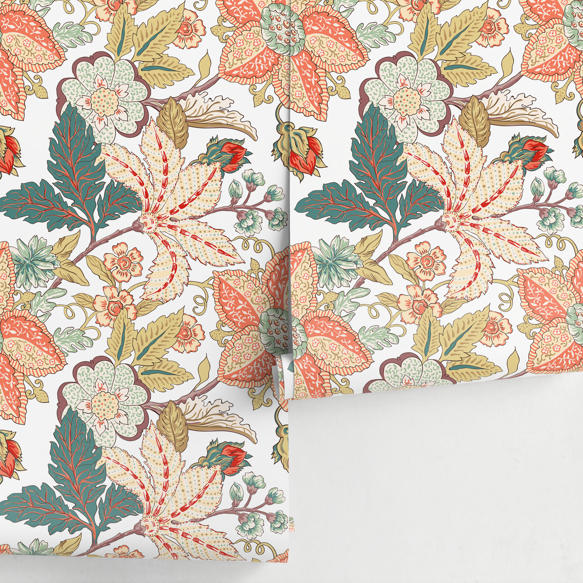 Vintage Botanical Wallpaper with Intricate Florals in Red, Teal, and Green - detail view