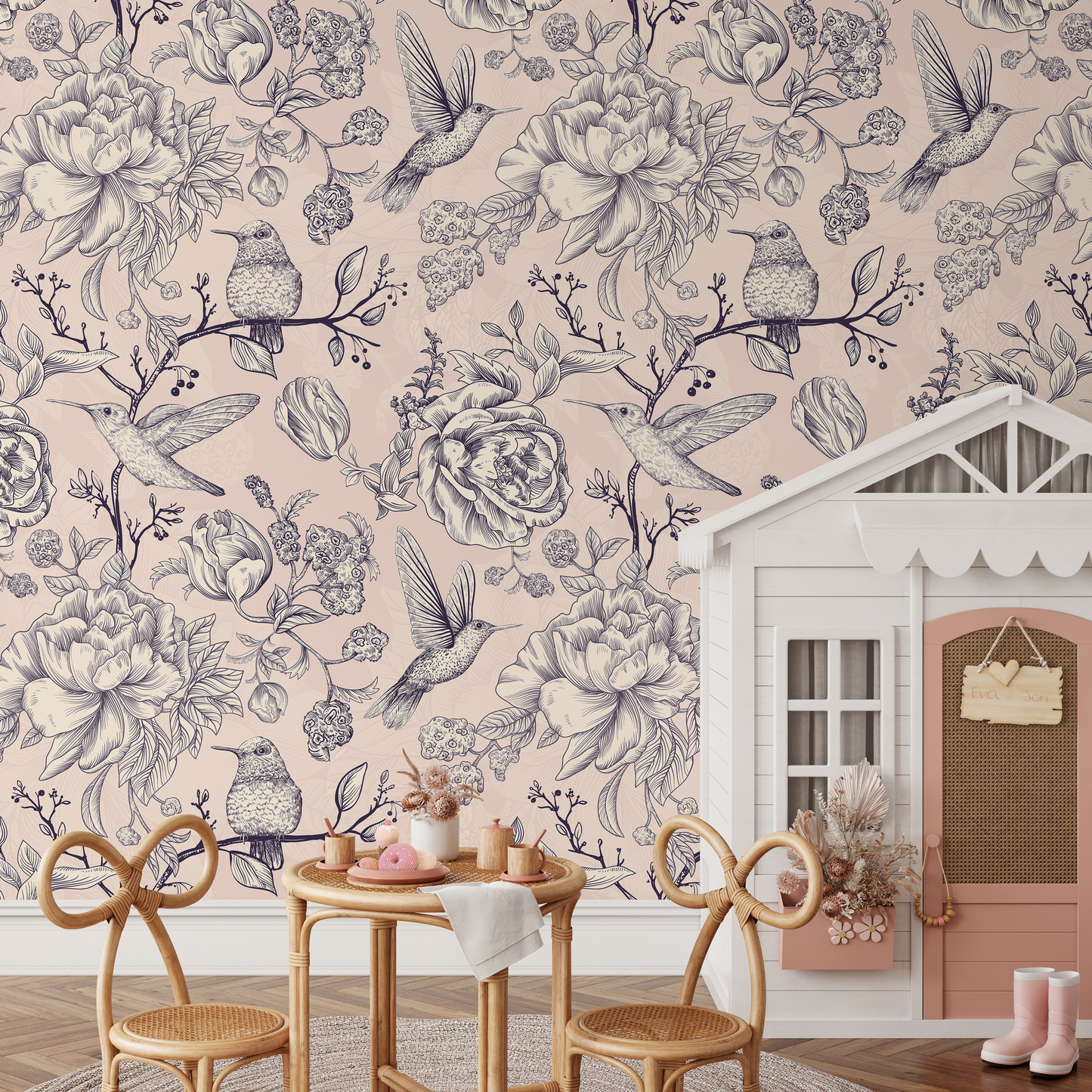 Wallpaper Peel and Stick Wallpaper Removable Wallpaper Home Decor Wall Art Wall Decor Room Decor / Vintage Floral  Bird Wallpaper - A626
