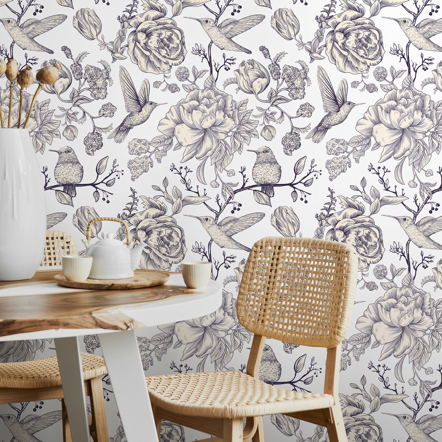 Vintage Floral Wallpaper with Hummingbirds and Peonies in Navy Blue - A627